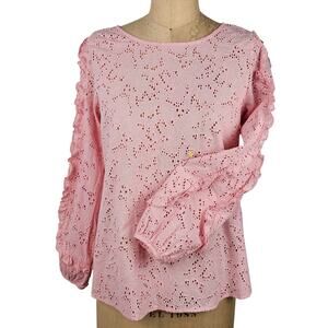Top pink eyelet lace ruffled gathered sleeve cottage spring feminine Medium